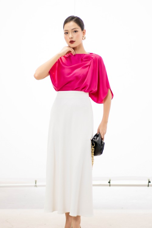 Sixdo White Midi Silk Skirt